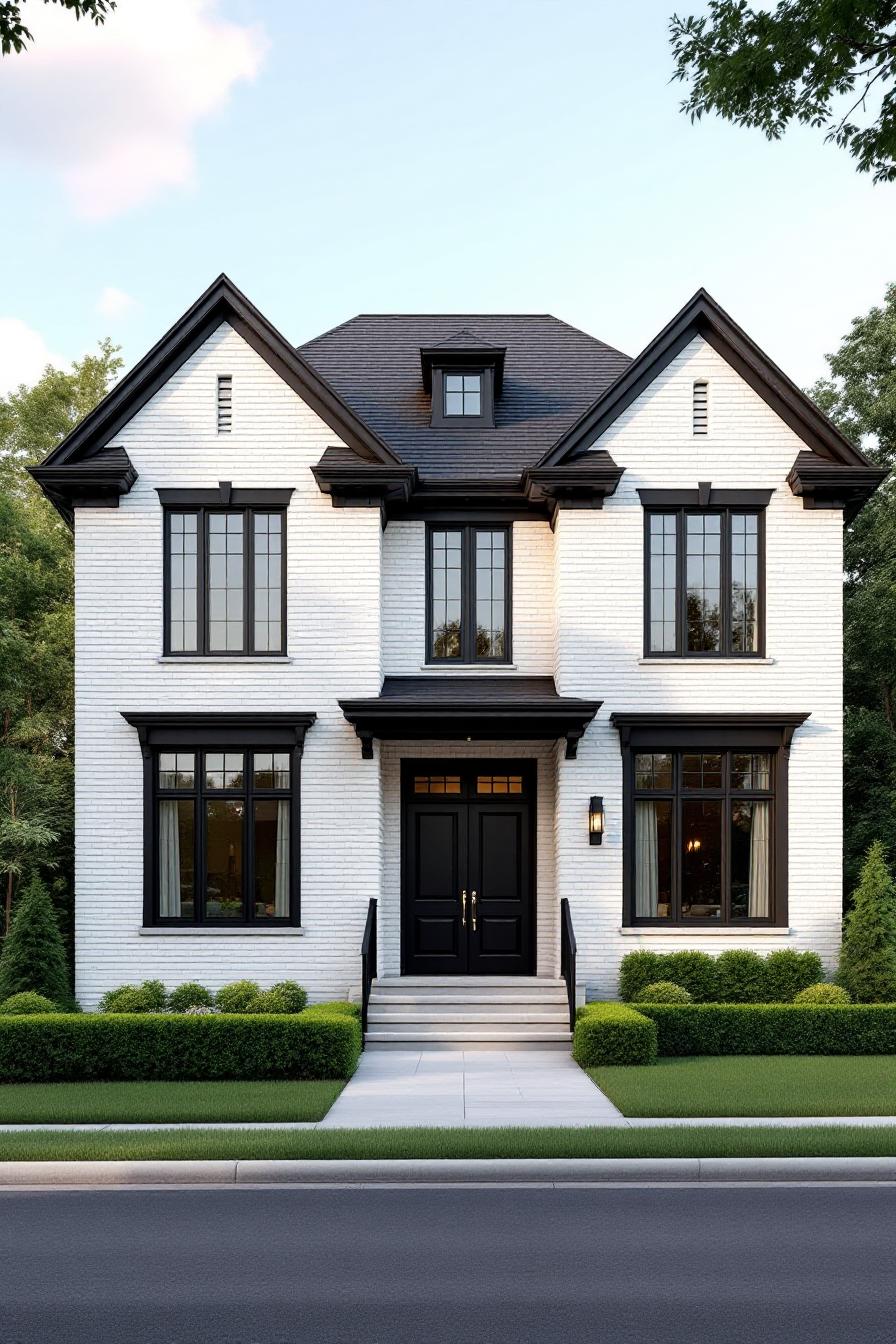 Elegant brick house with neat black trim and lush greenery