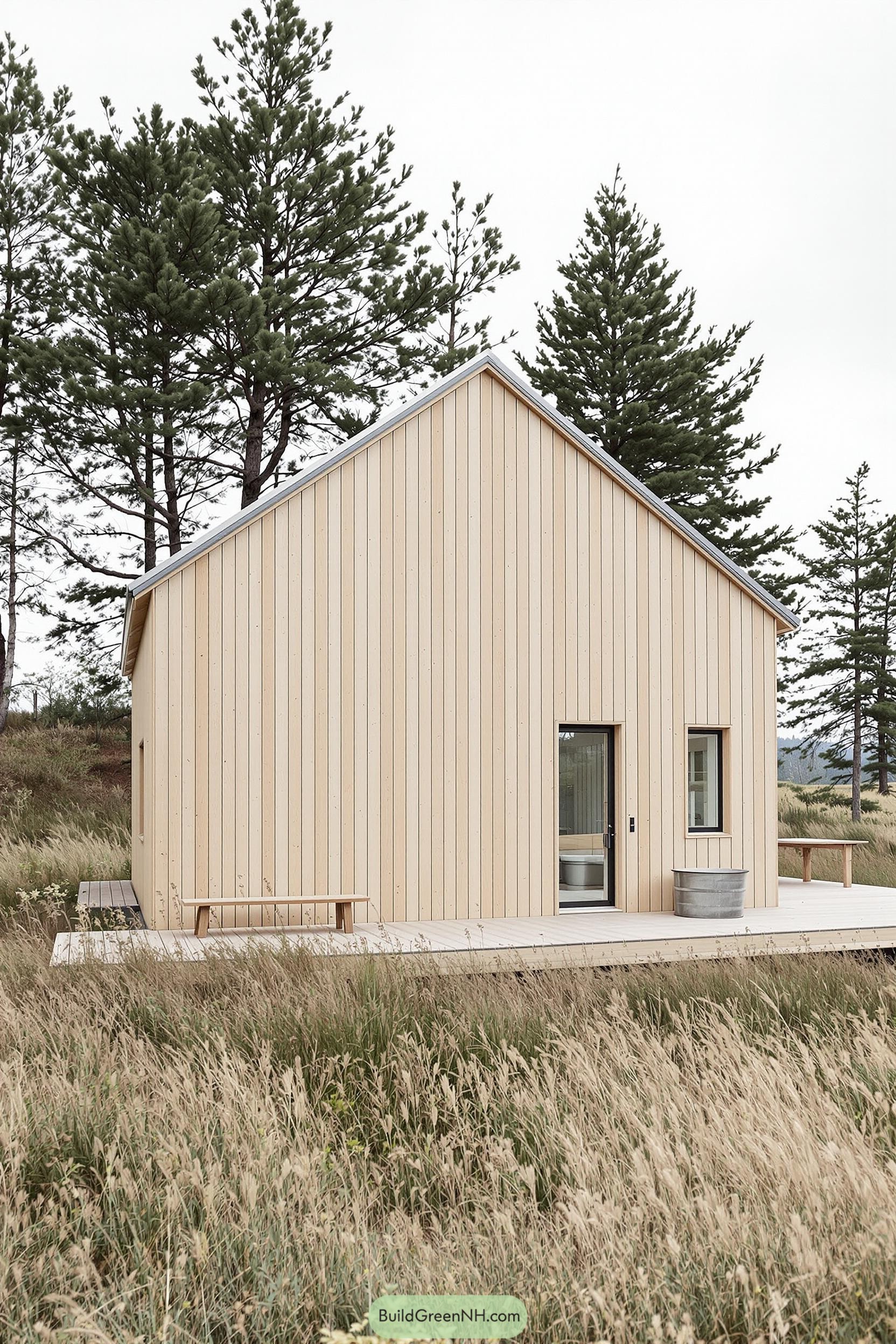 Wooden barn house surrounded by pine trees