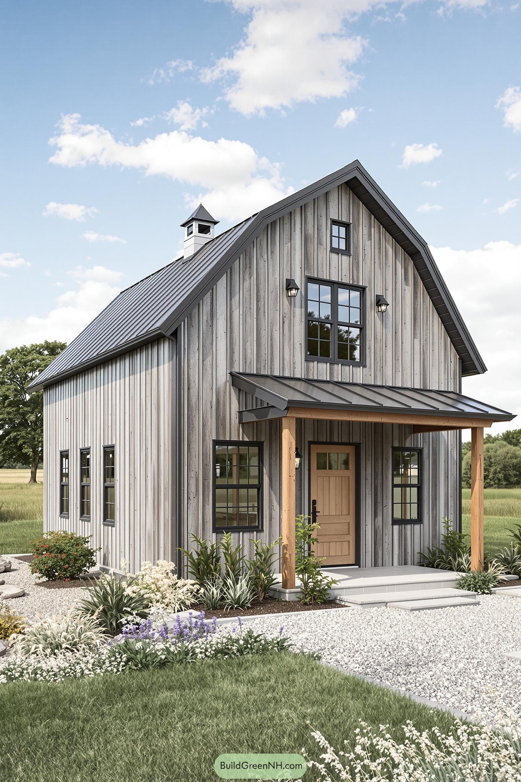 Small barn-style house in a grassy field under blue sky