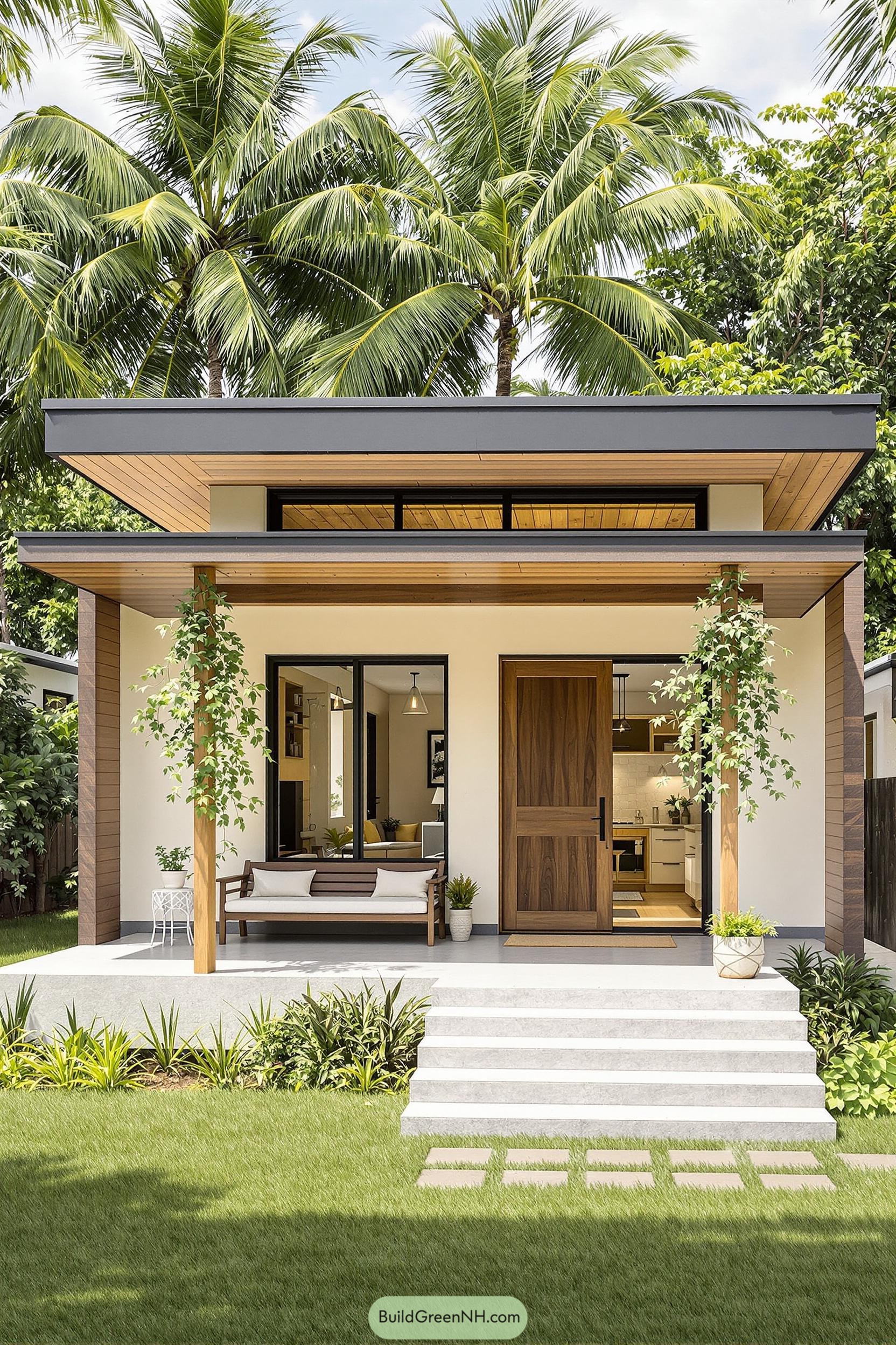 Front view of a small, modern bungalow with lush greenery