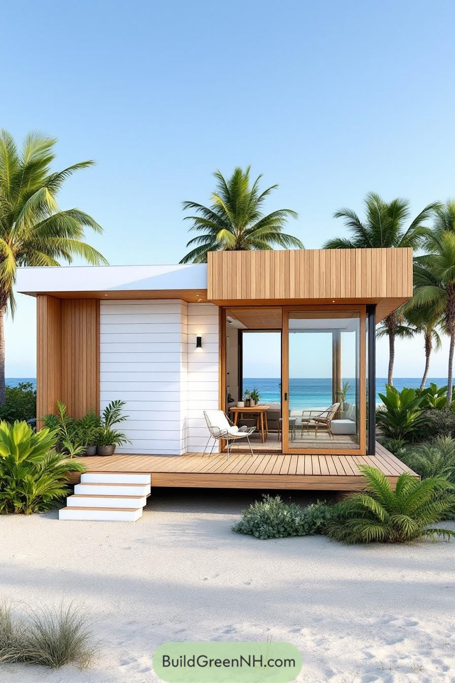 Small modern house with large glass doors and a wooden porch