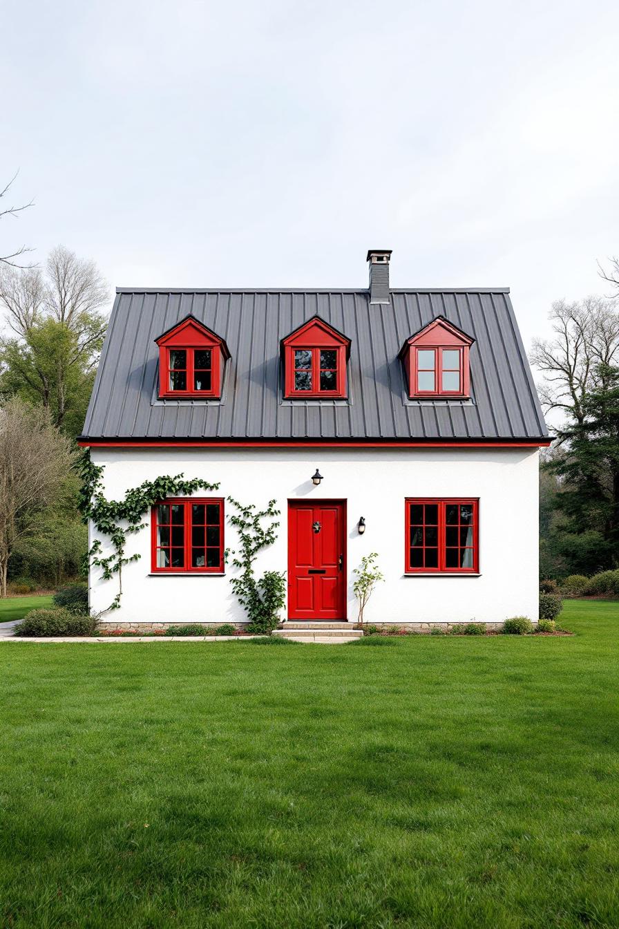 White cottage with red accents and a green lawn