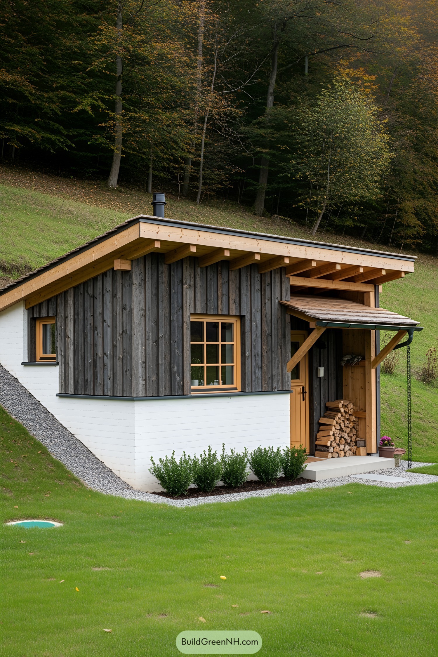 Small wooden cabin by a forest edge with logs stacked at the entrance