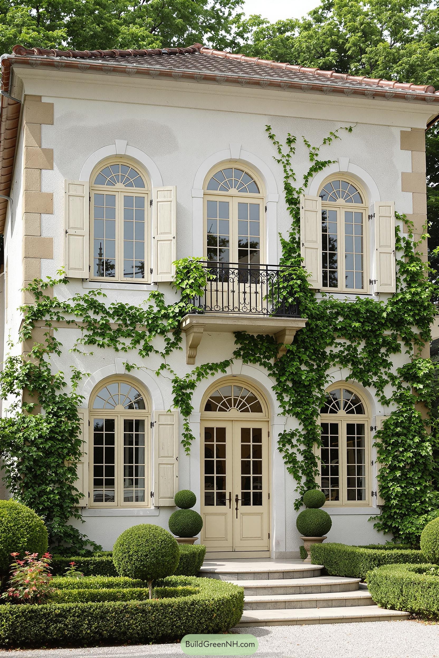 White country house with arched windows and green shutters