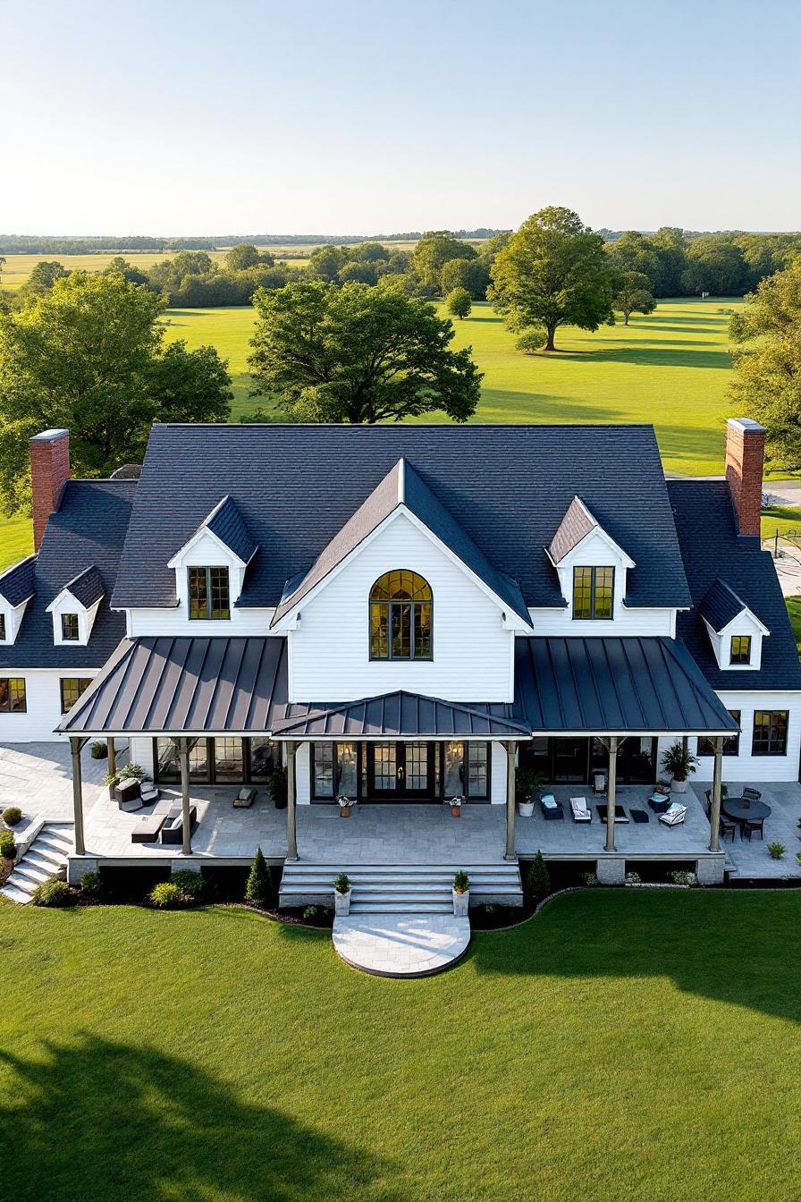 Large farmhouse with open lawn and trees