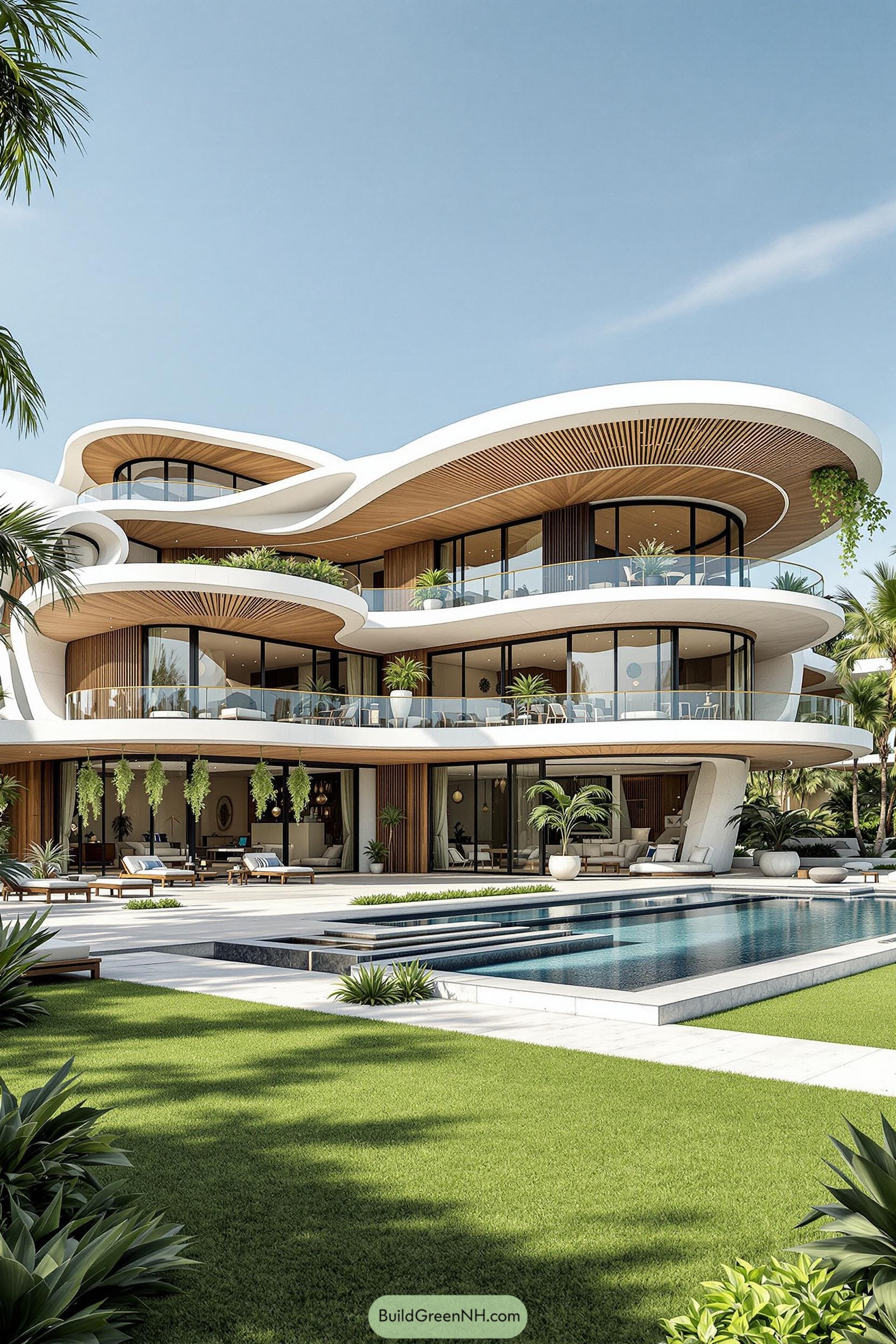Modern mansion with curvy design and pool