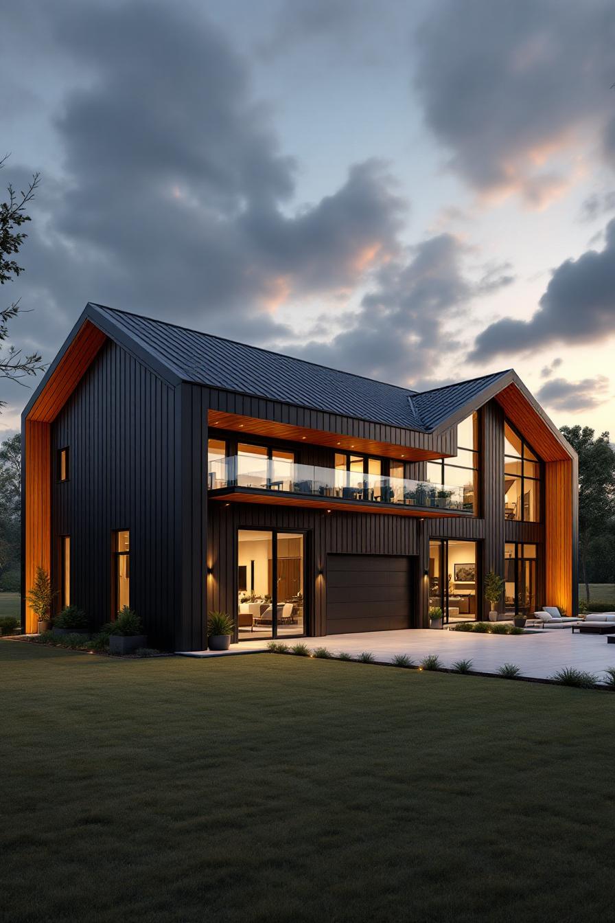 Contemporary barndominium with large windows and sleek design