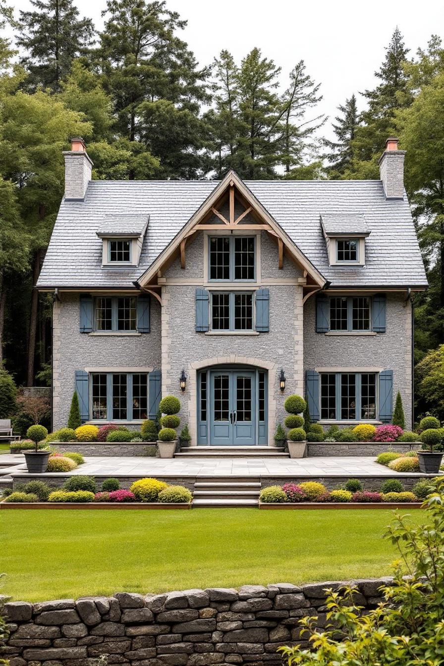 Elegant country house with a slate roof and blue shutters