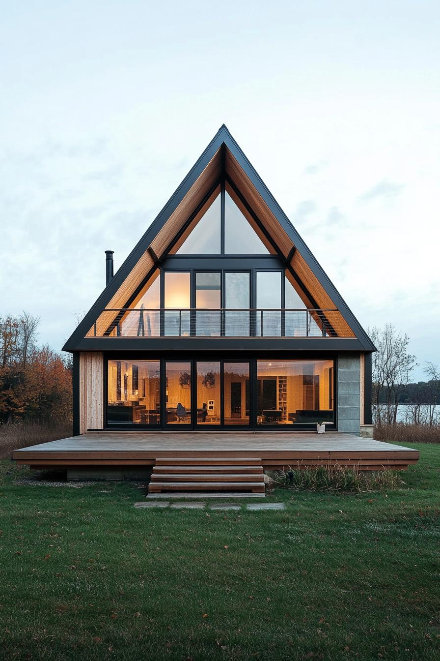 A-frame house with large windows and deck by a river