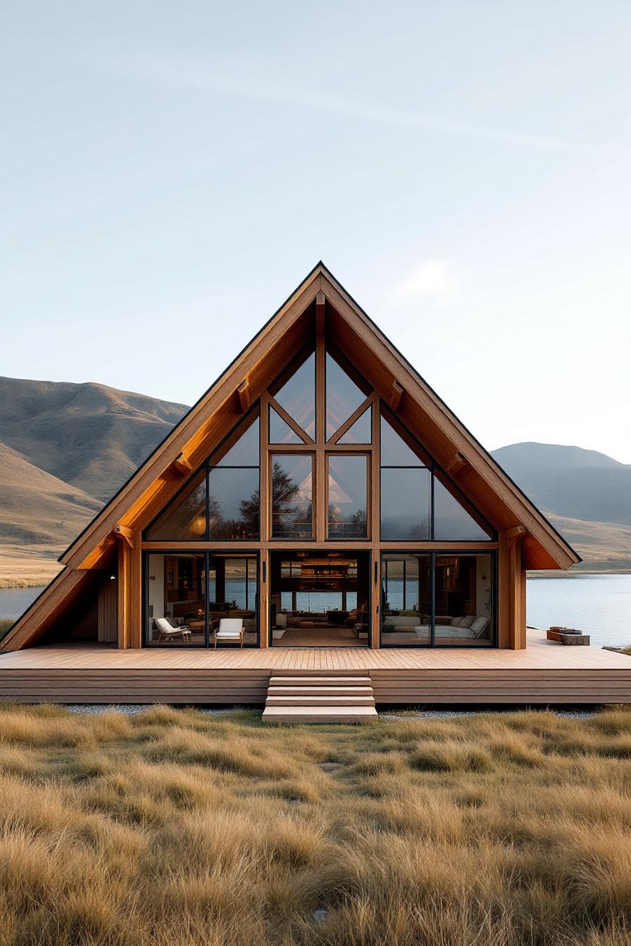 A-frame house with large windows by a river