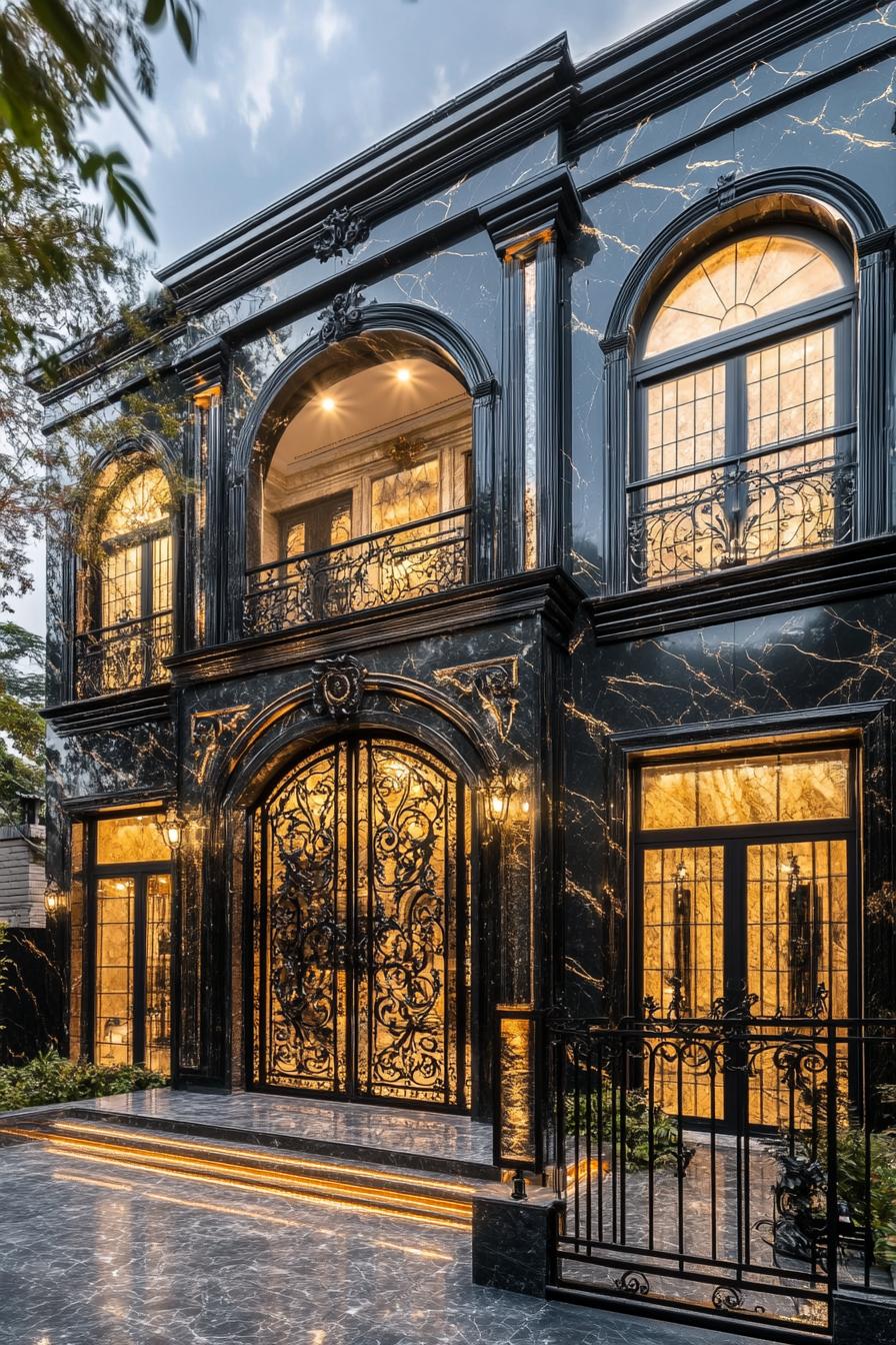 Luxurious black marble house with ornate ironwork