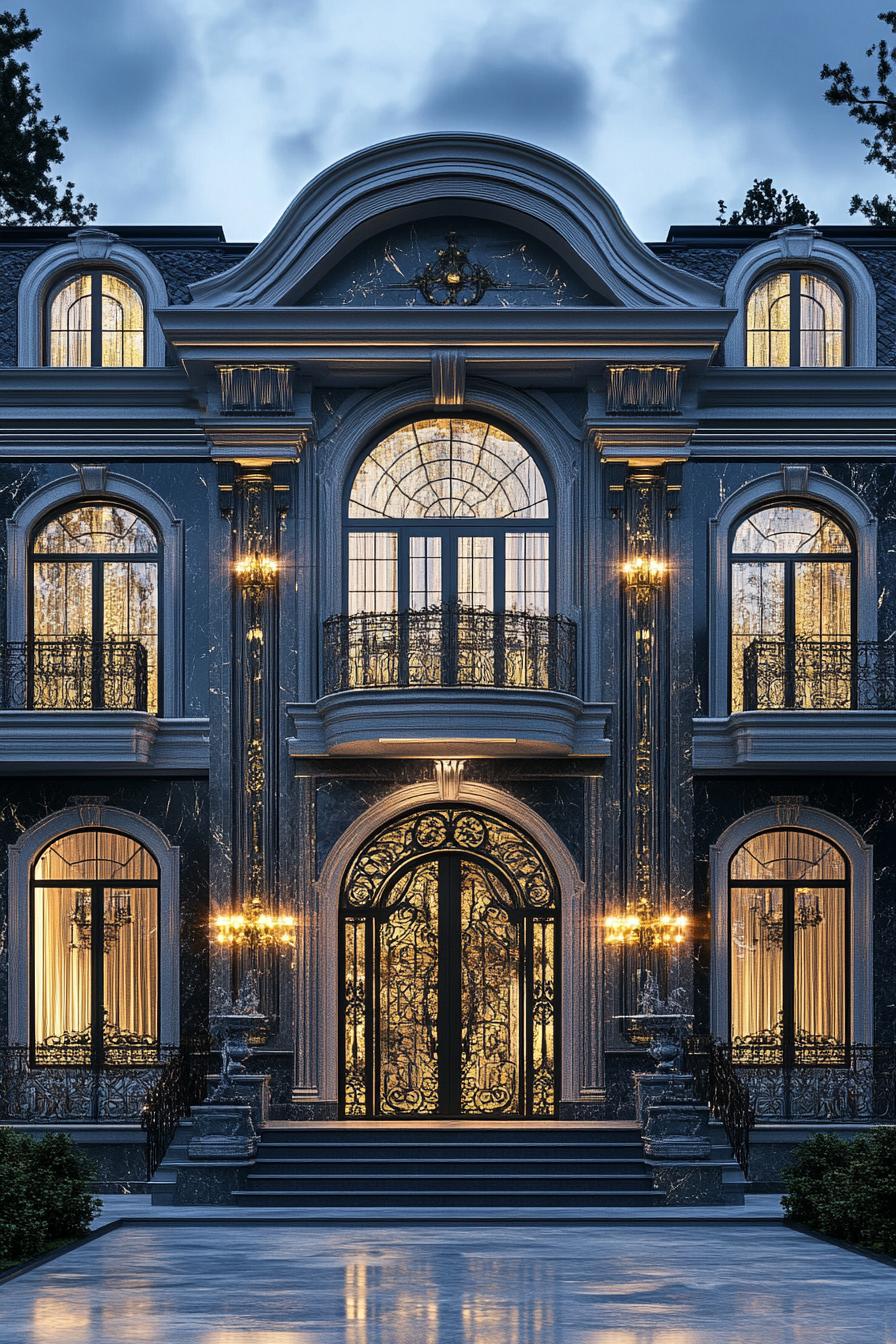 Luxurious black mansion with opulent lighting