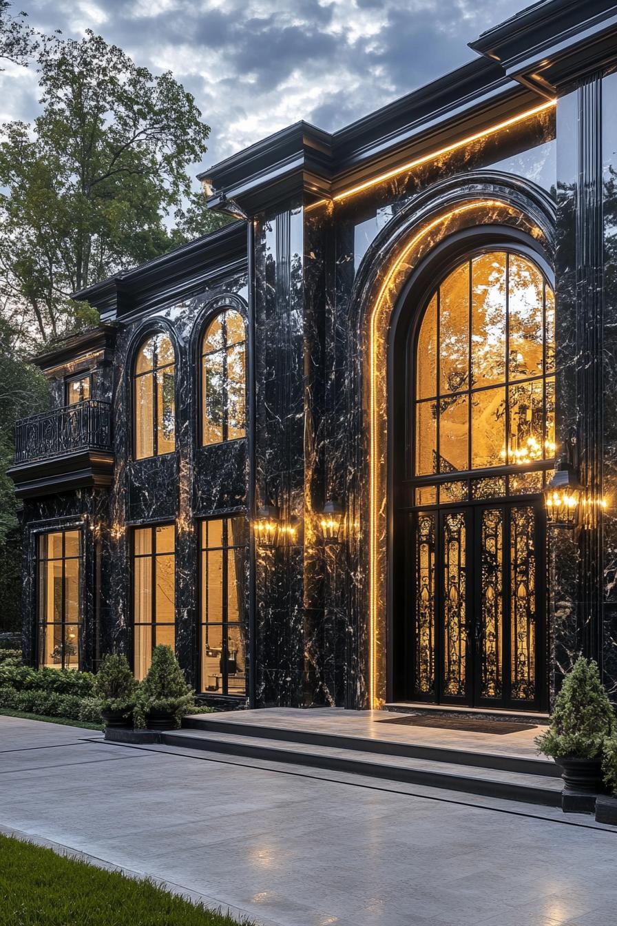 Luxurious black marble house with large arched windows