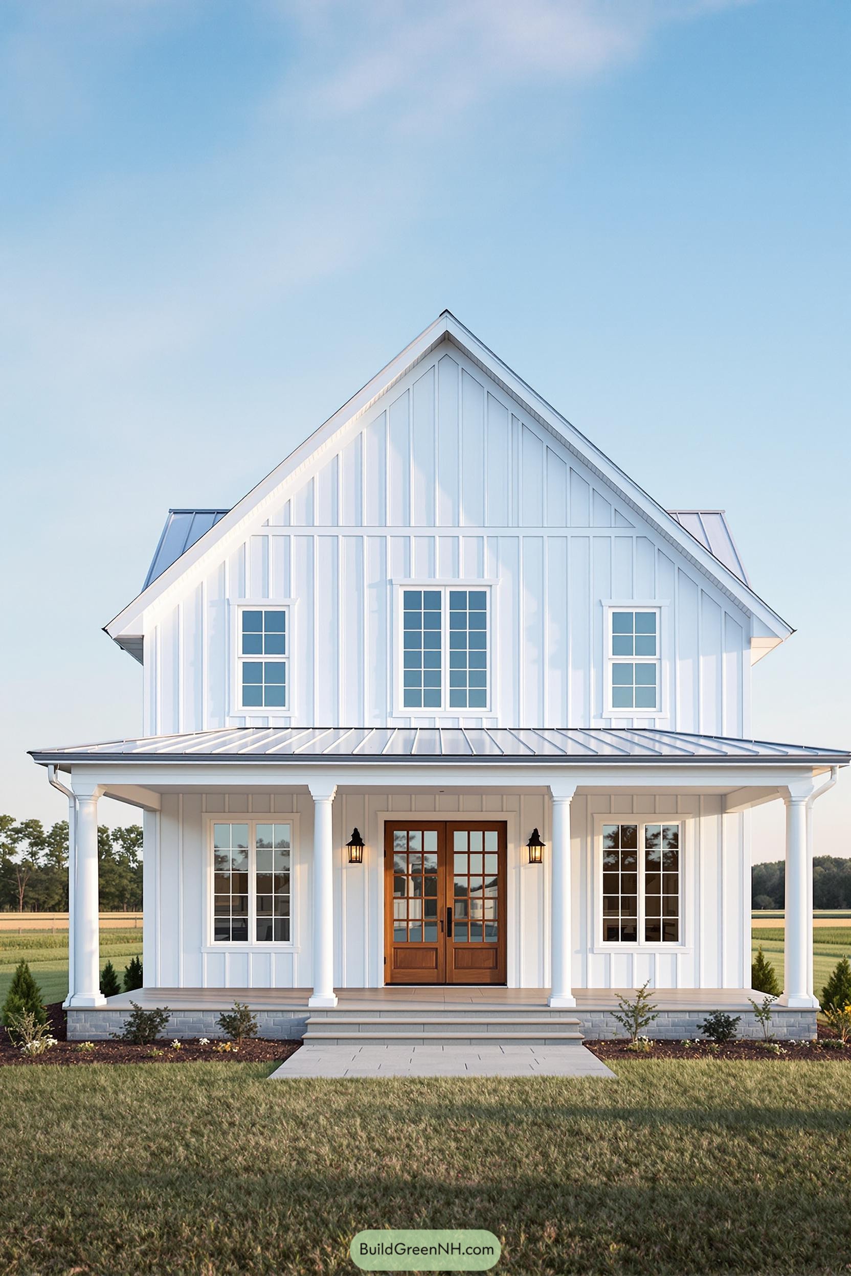 White farmhouse with wooden door and large windows