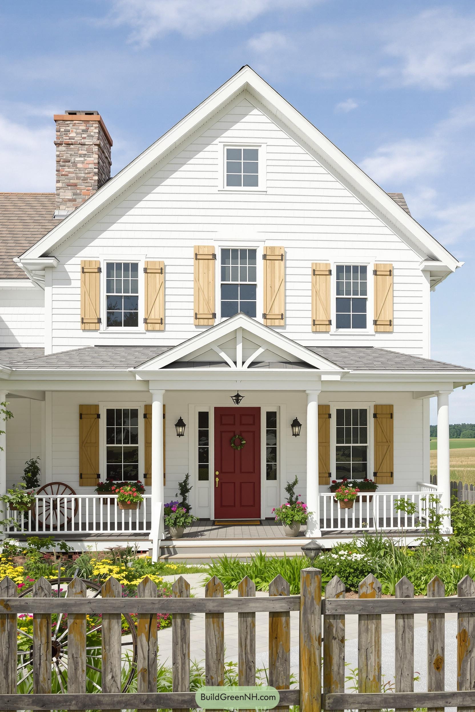 White farmhouse with red door and wooden shutters