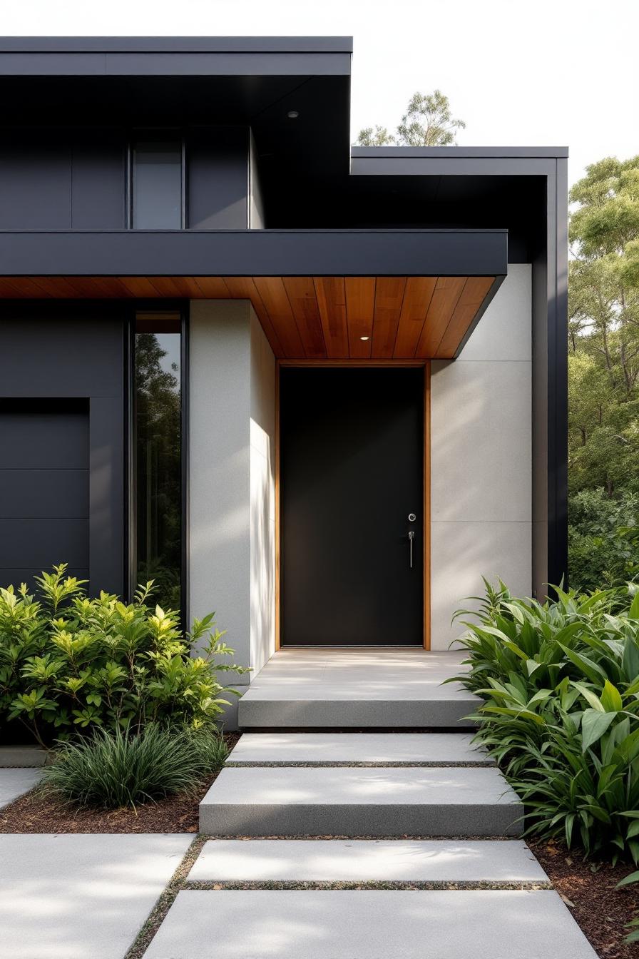 Modern house entrance with sleek design and lush greenery