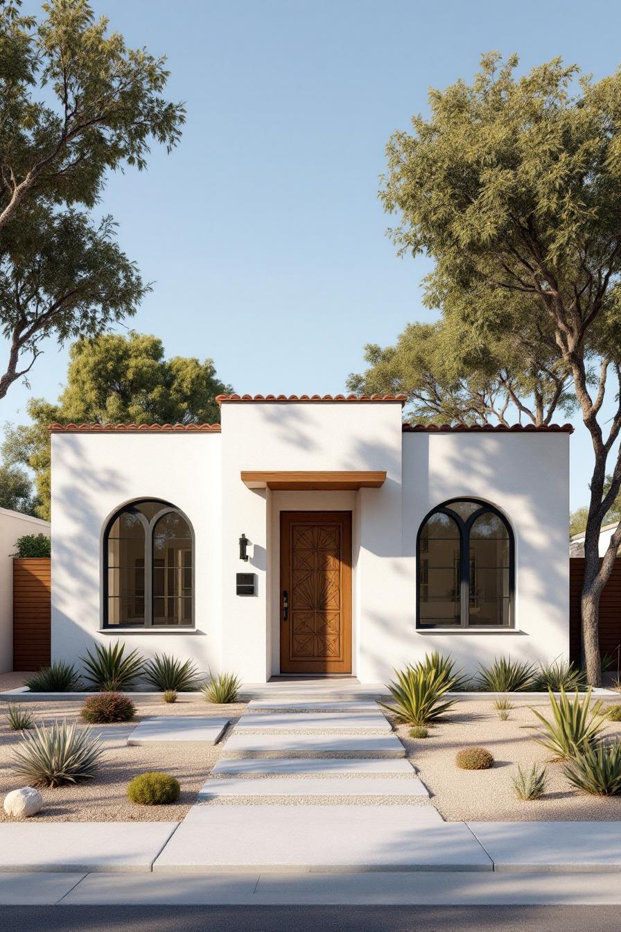 White cottage with arched windows and drought-tolerant landscaping