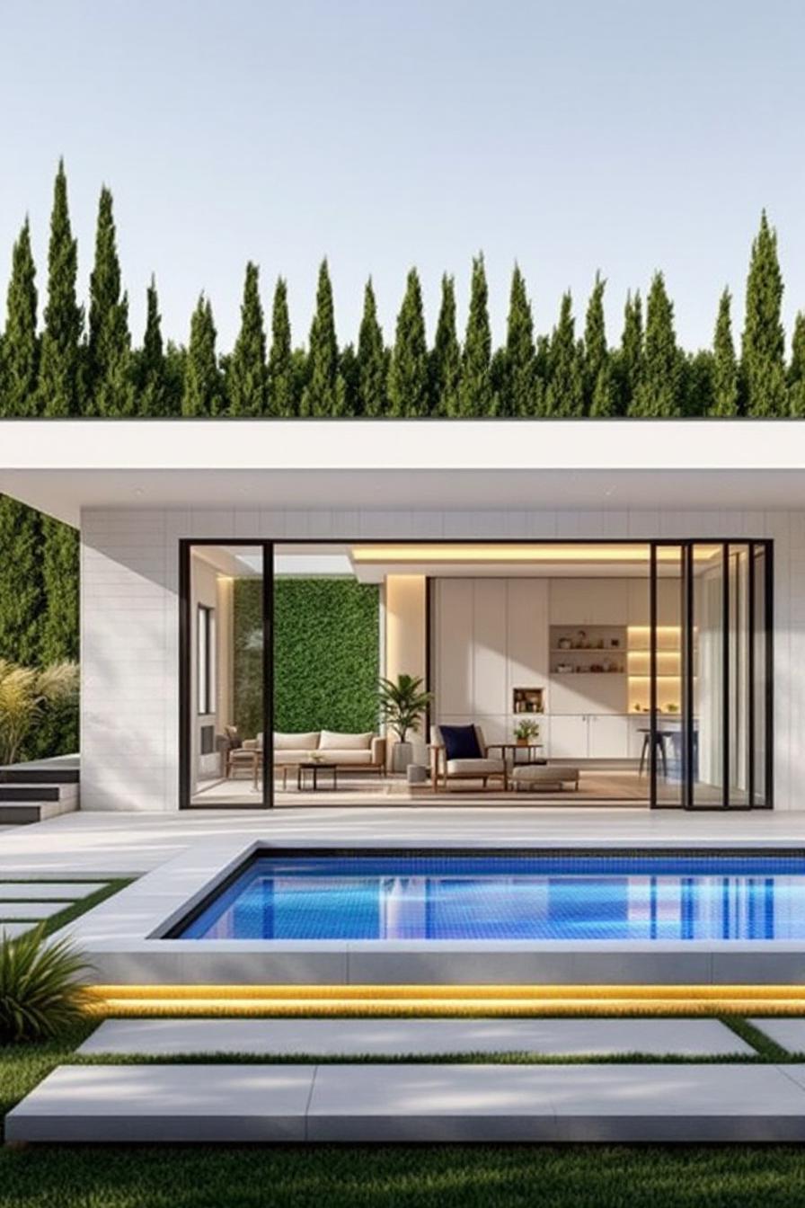 Modern Californian bungalow with a pool and green surroundings