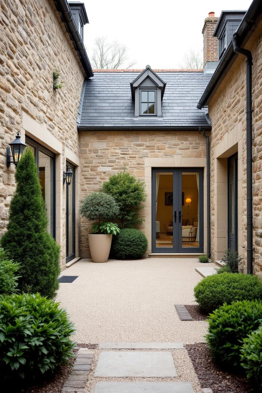 Brick courtyard with lush greenery