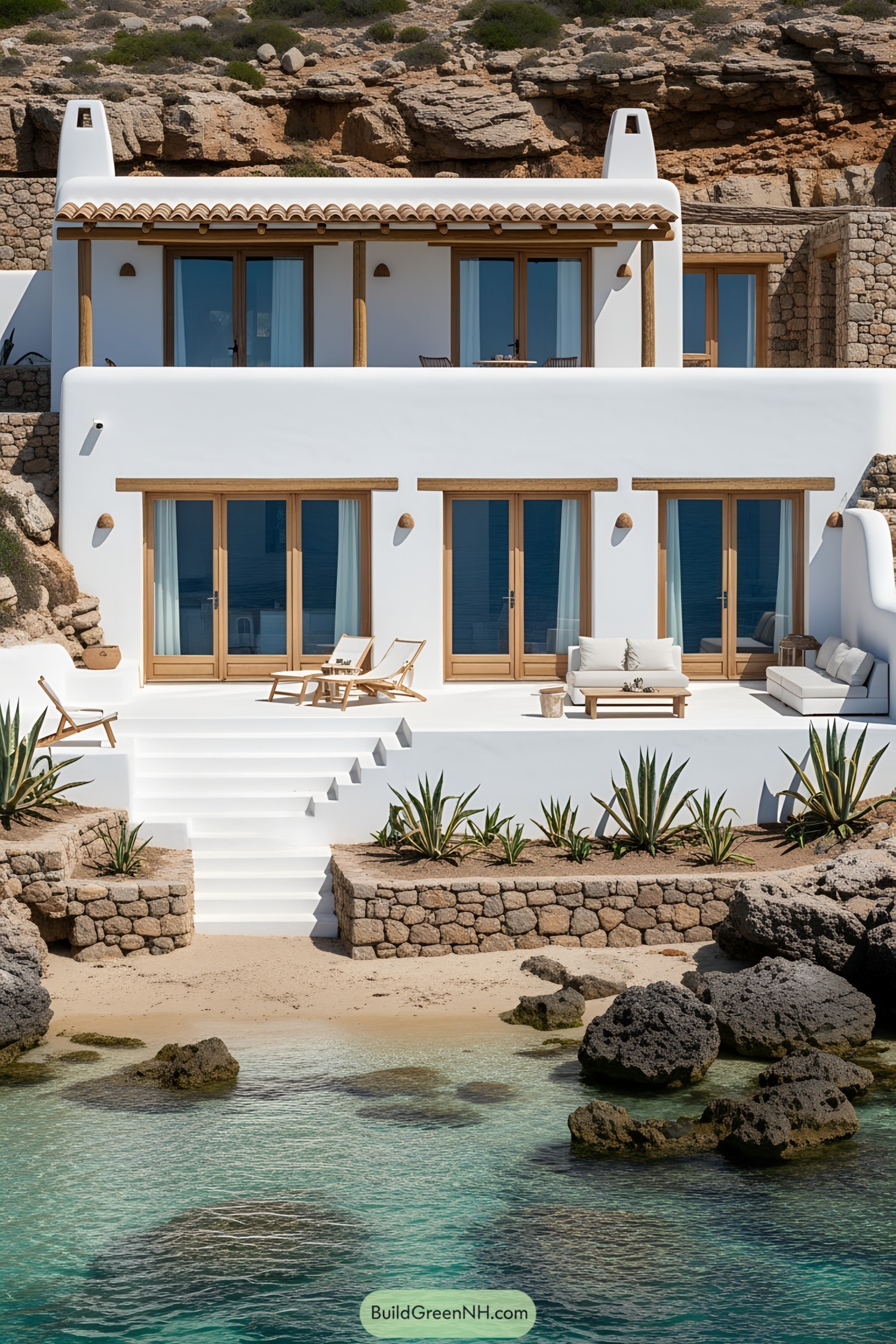 White coastal house with wooden accents overlooking a turquoise sea