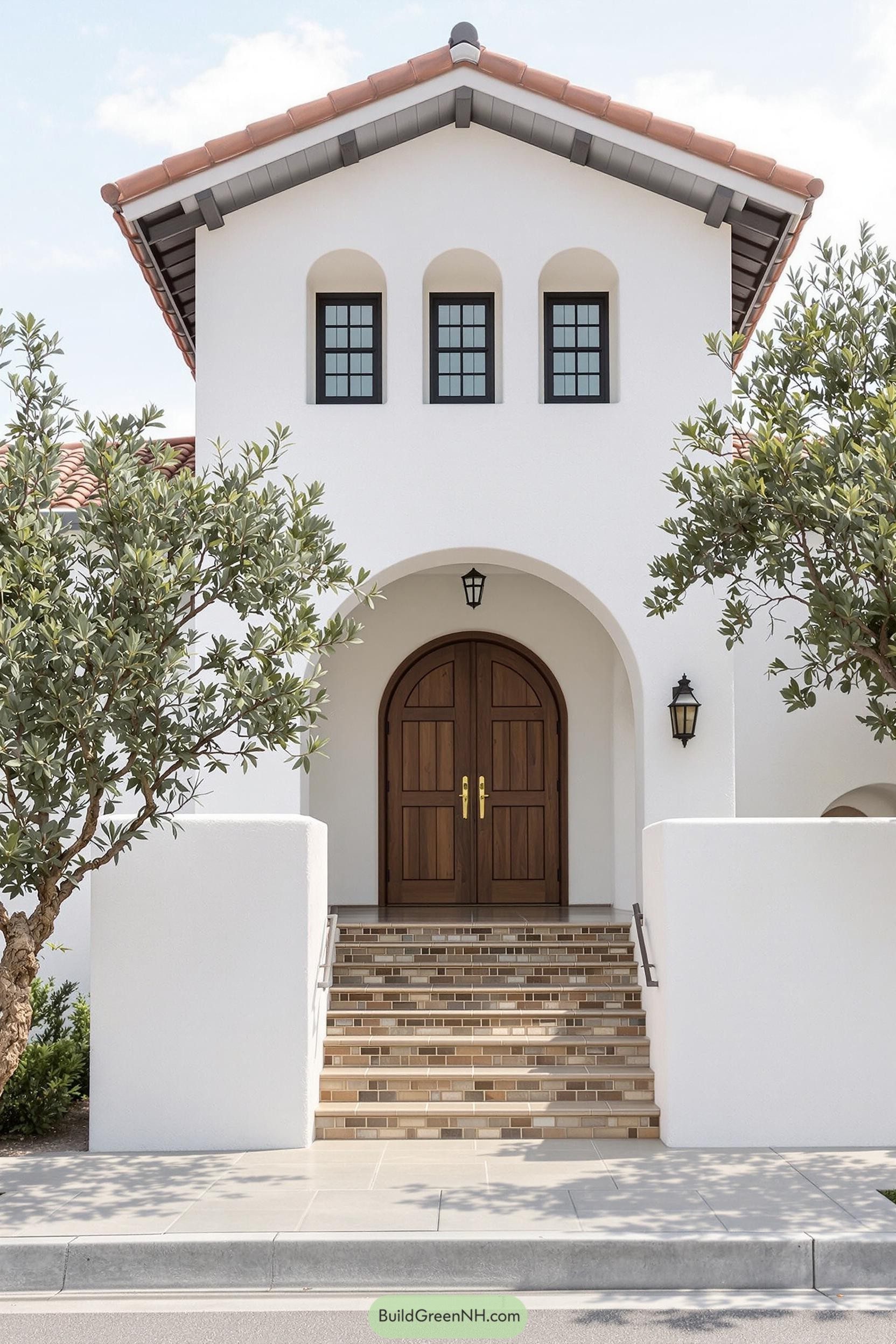 Front view of a Spanish Revival house with arched doorways