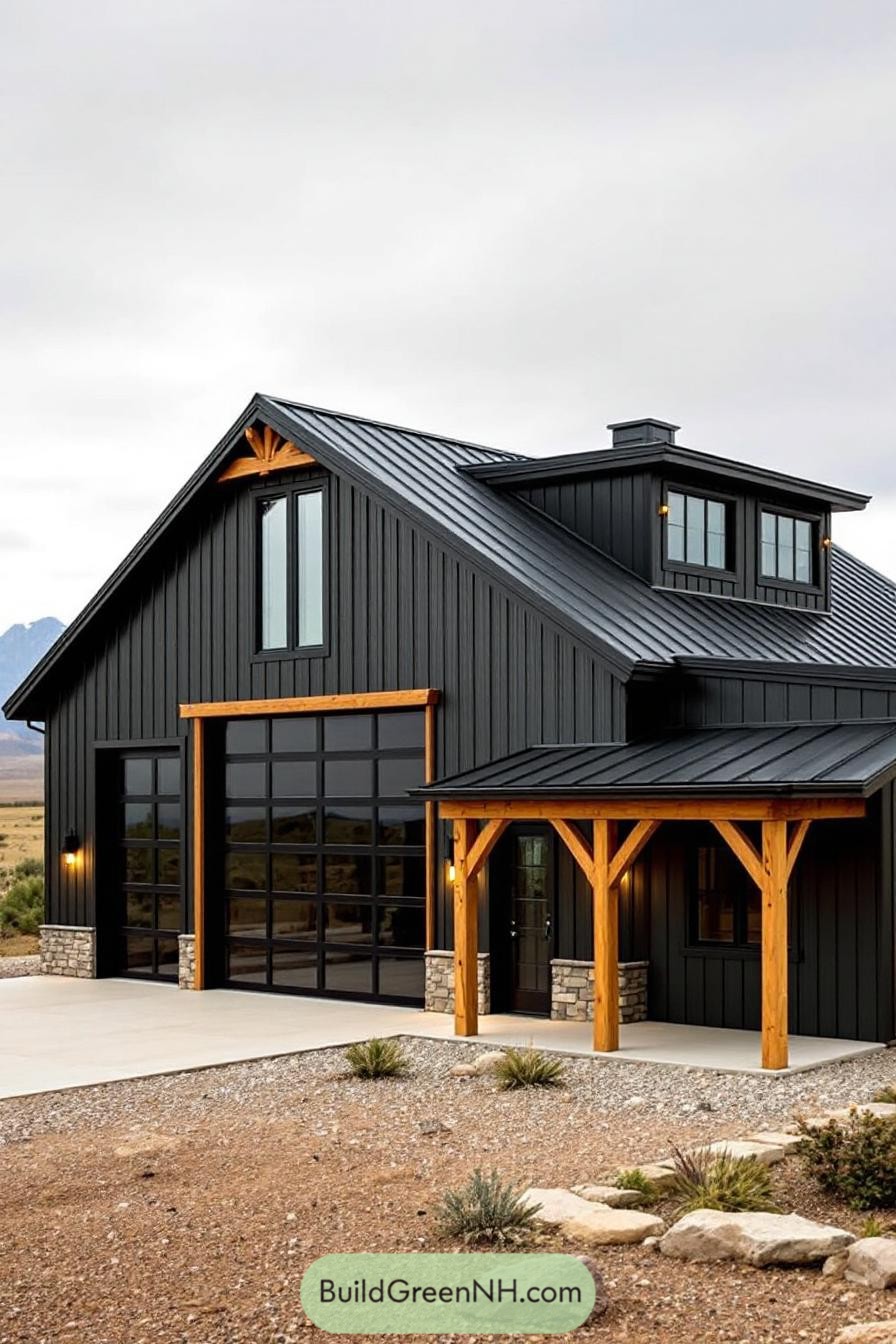 Modern black barndominium with wooden accents and tall glass doors
