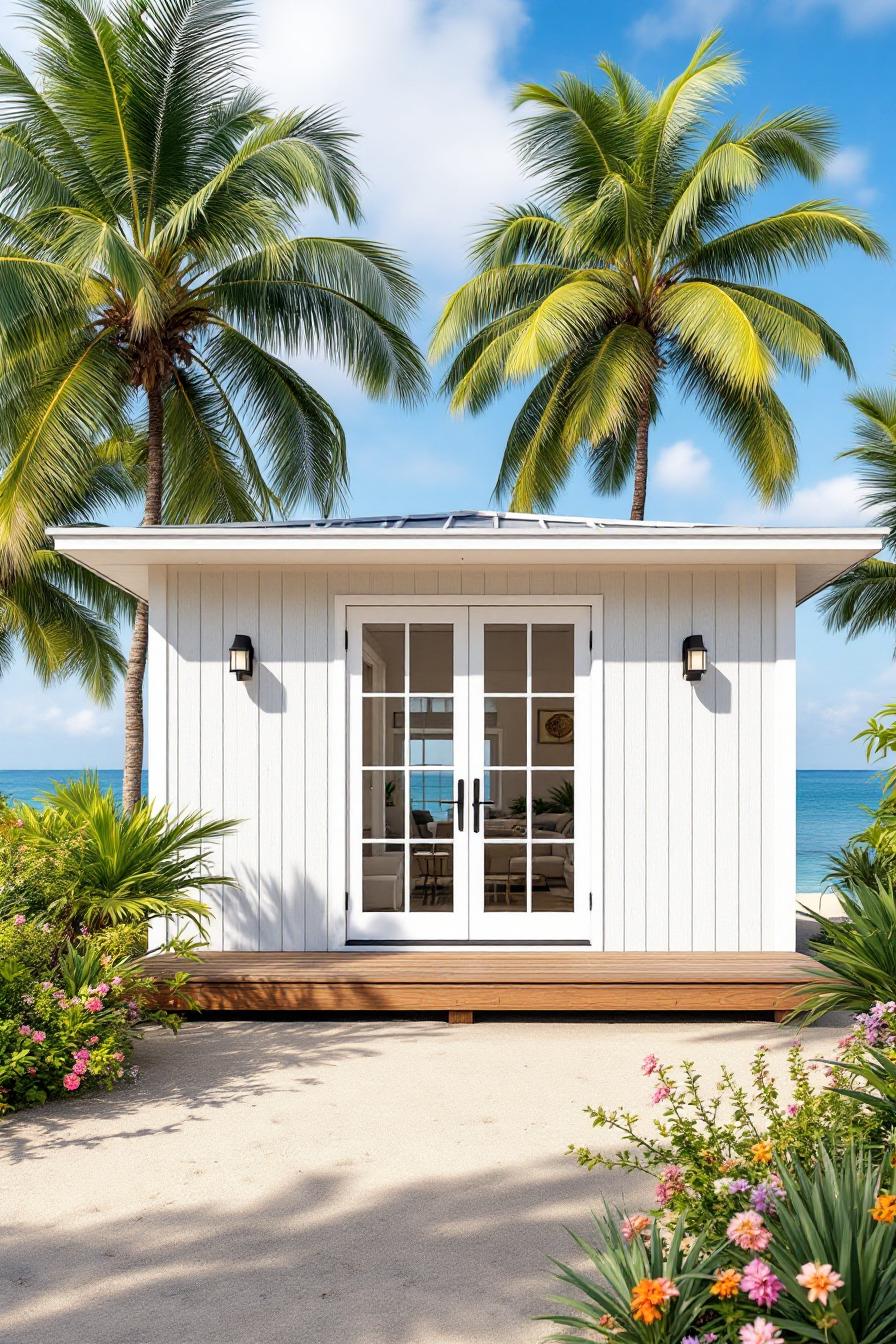 Small beach shack with white siding and palm trees