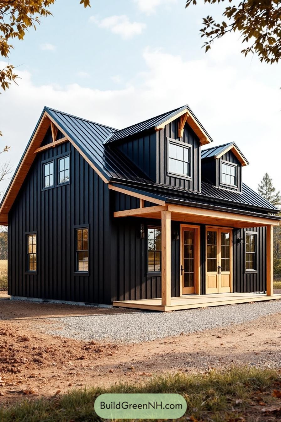 A modern black barndominium with wooden accents