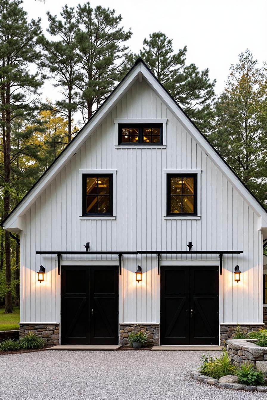 White barn with black accents and pine trees in the background