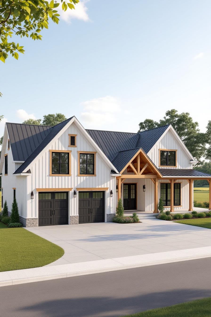 Modern country house with black metal roof and white siding