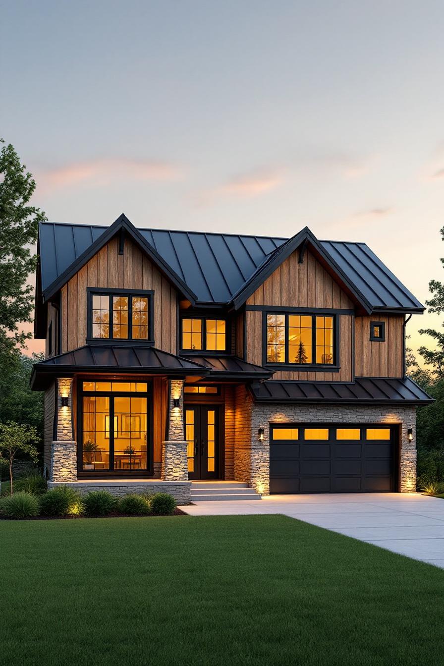 Modern craftsman home with glowing windows at dusk