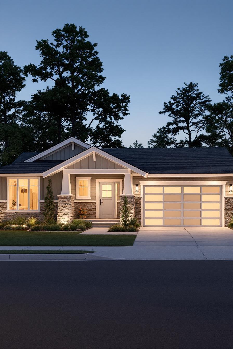 Charming Craftsman house with glowing windows at dusk