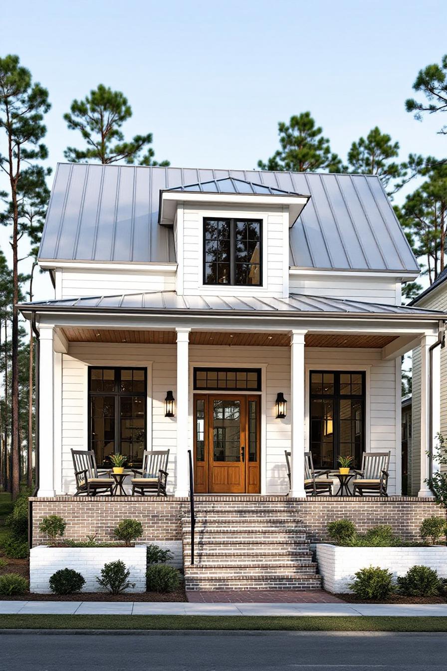 Front porch with seating surrounded by pine trees