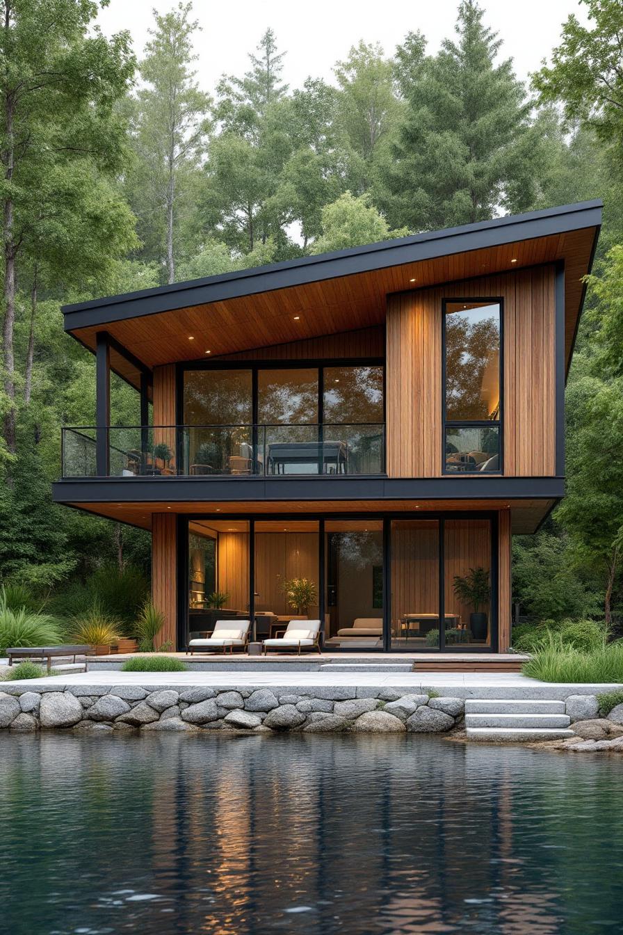 Modern lake house with wooden facade surrounded by lush trees