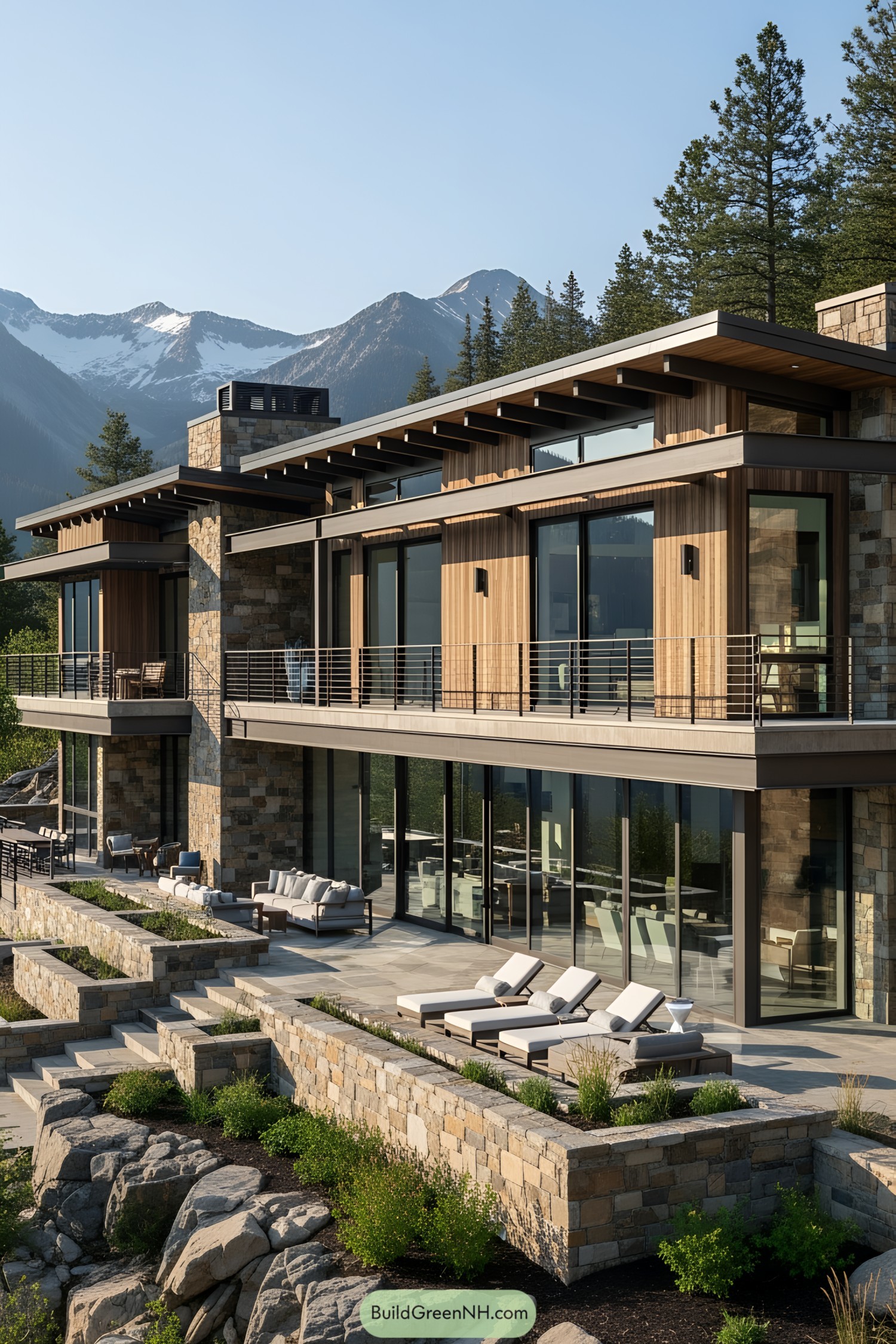 Modern wooden and stone villa with mountain backdrop