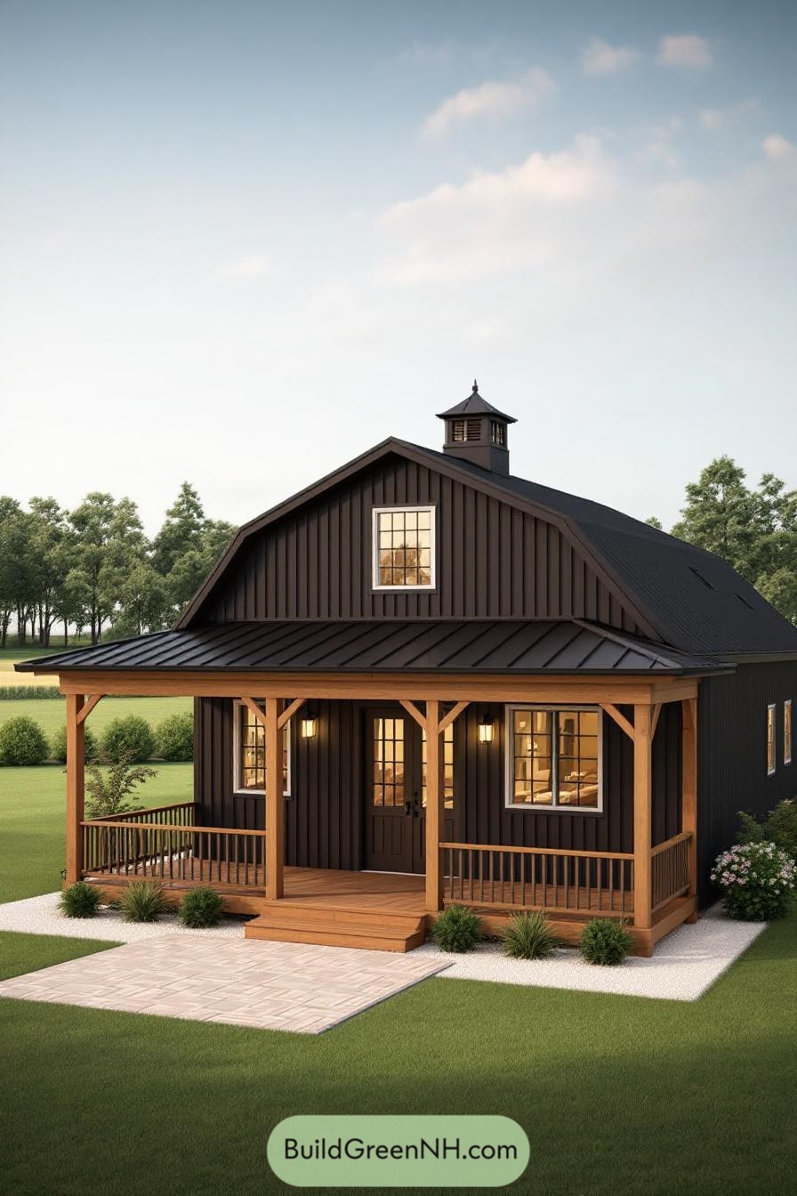 Charming pole barn house with a cozy porch
