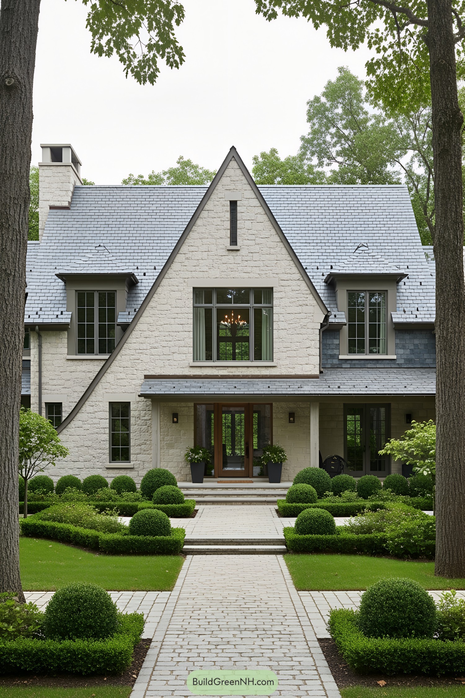 A stone house with a gable roof surrounded by greenery