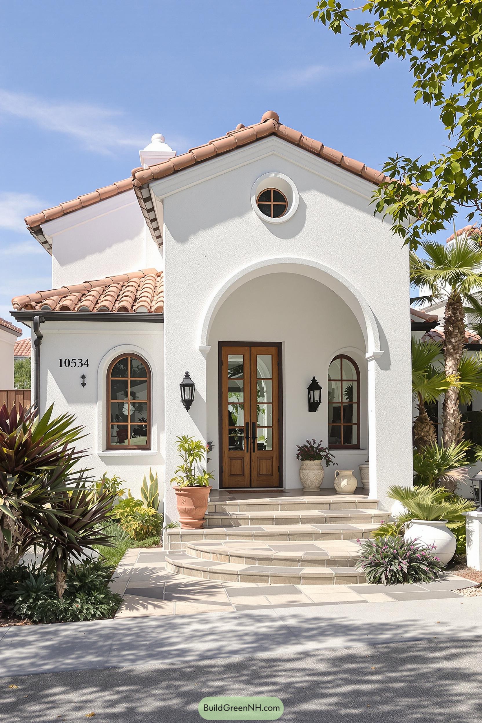 White house with terracotta roof and arched entrance