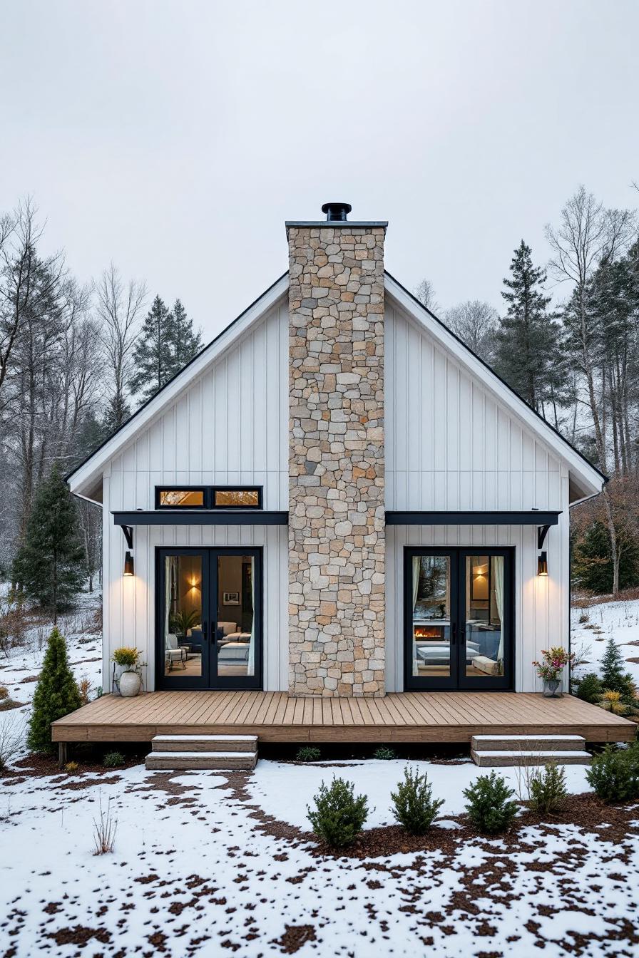 Small barndominium with stone chimney on a snowy day