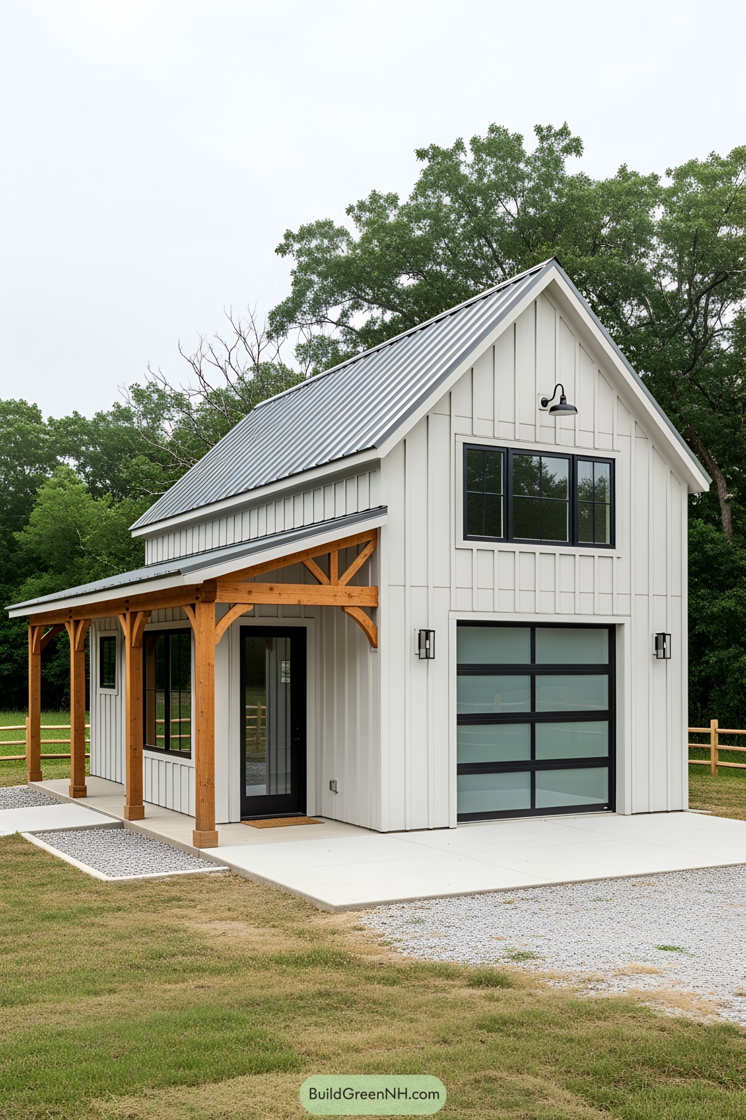 Cozy white barndominium with modern windows and wooden accents