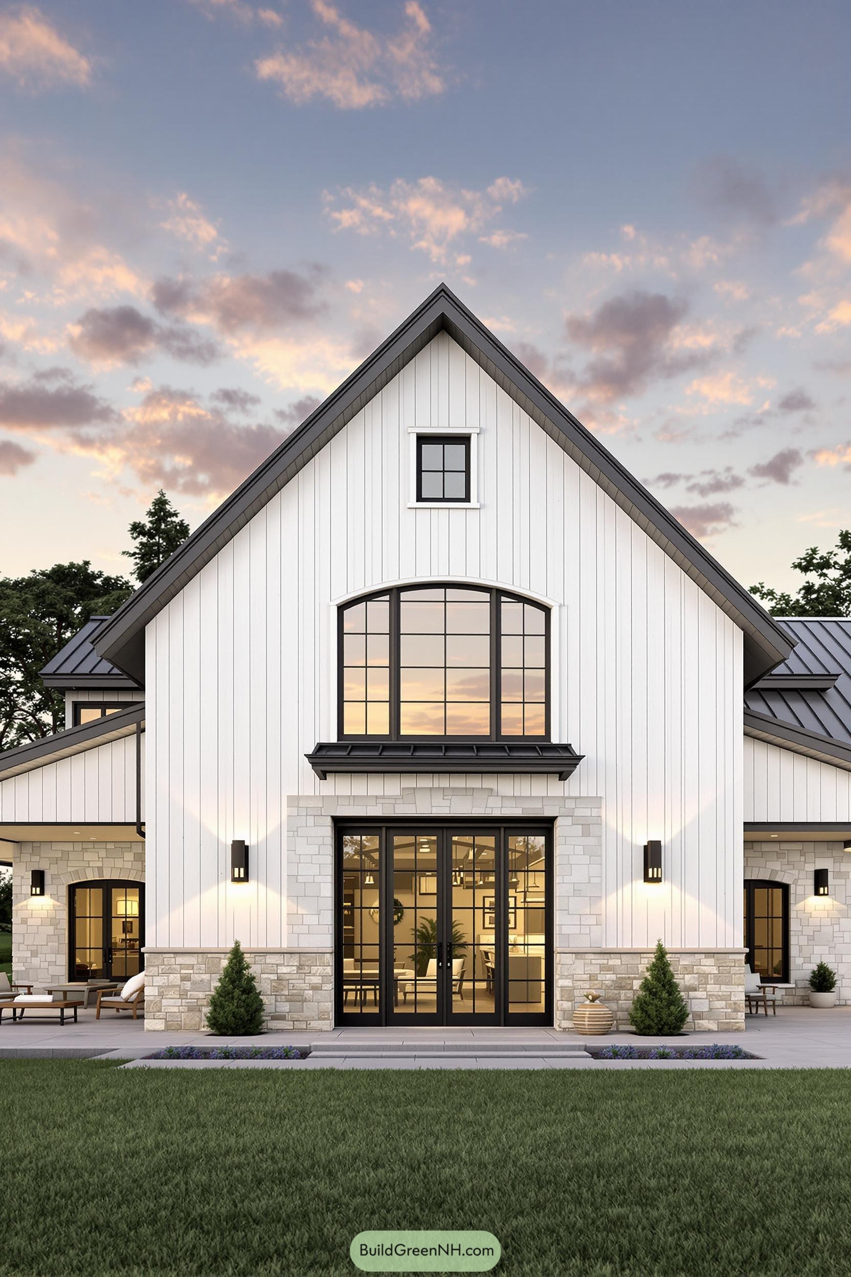 White barndominium with large windows and cozy exterior