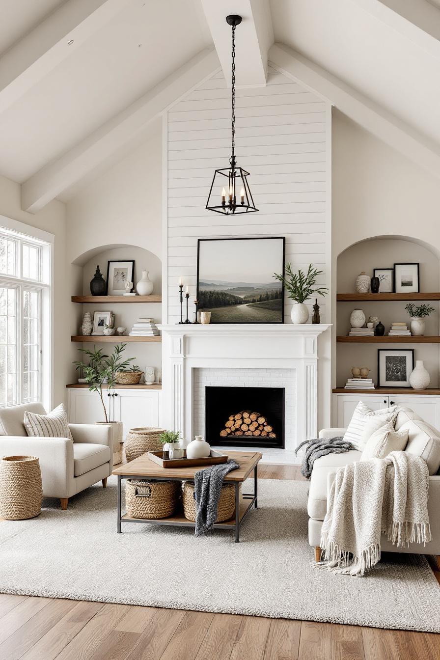 Farmhouse living room with white furniture and fireplace