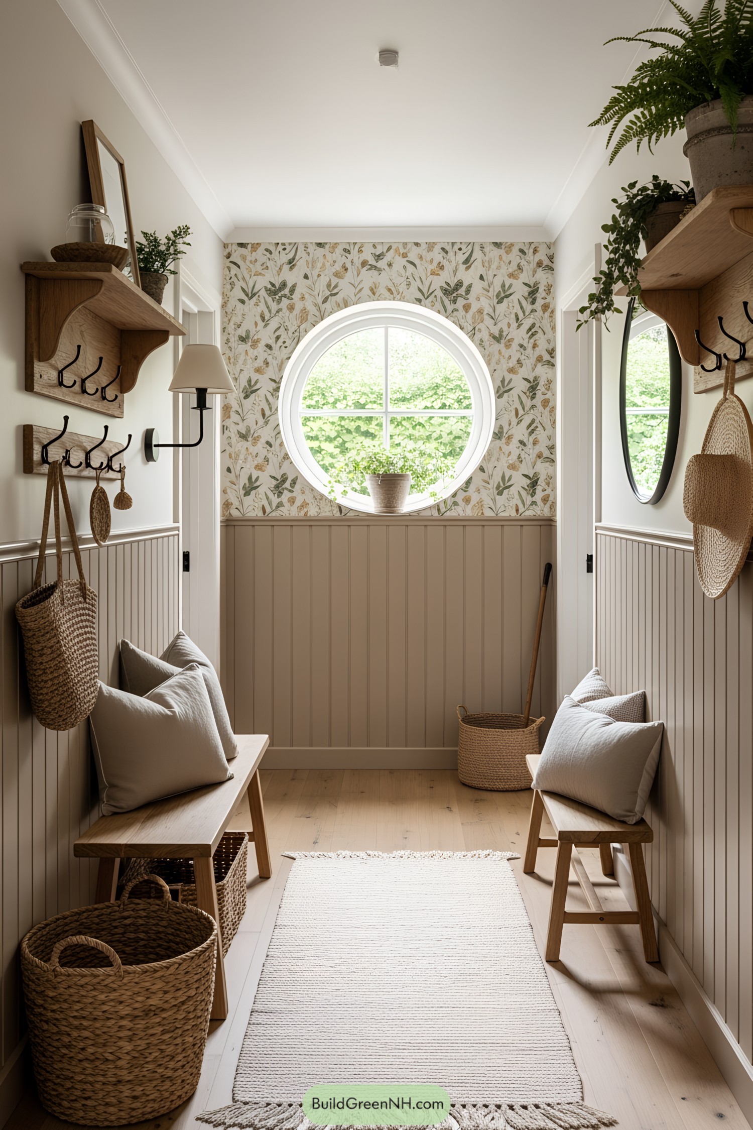 Country-style entrance with circular window and cozy seating