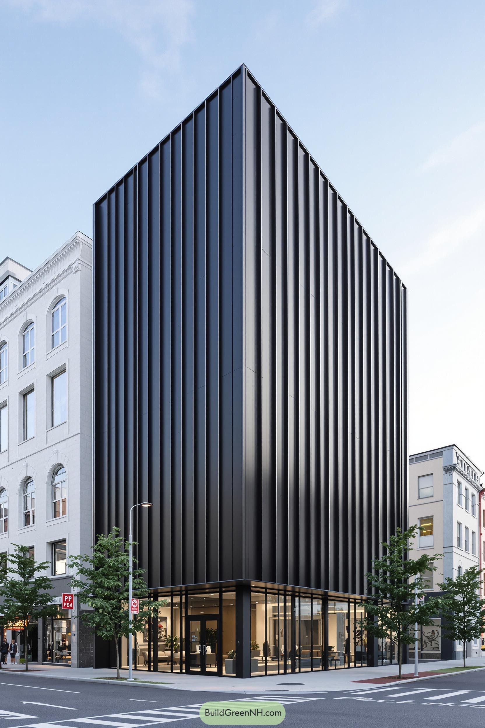 Sleek black facade with vertical lines on a city corner