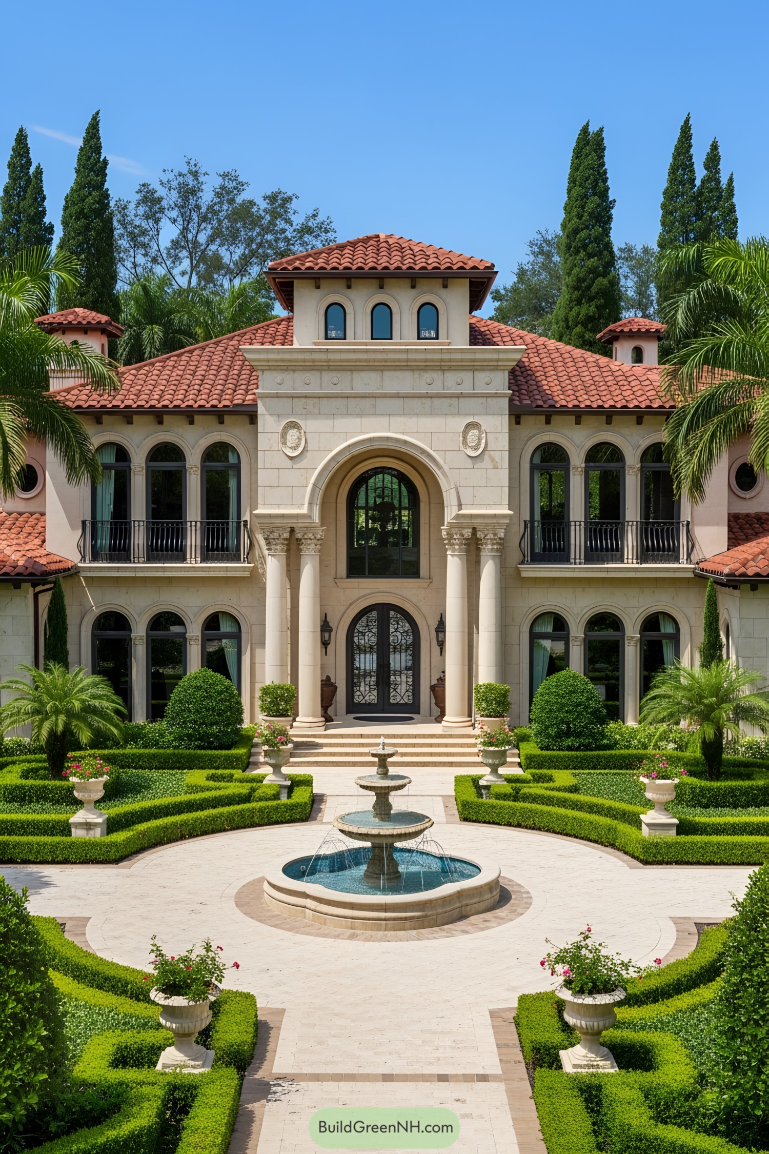 Luxurious villa with red tiled roof and lush garden