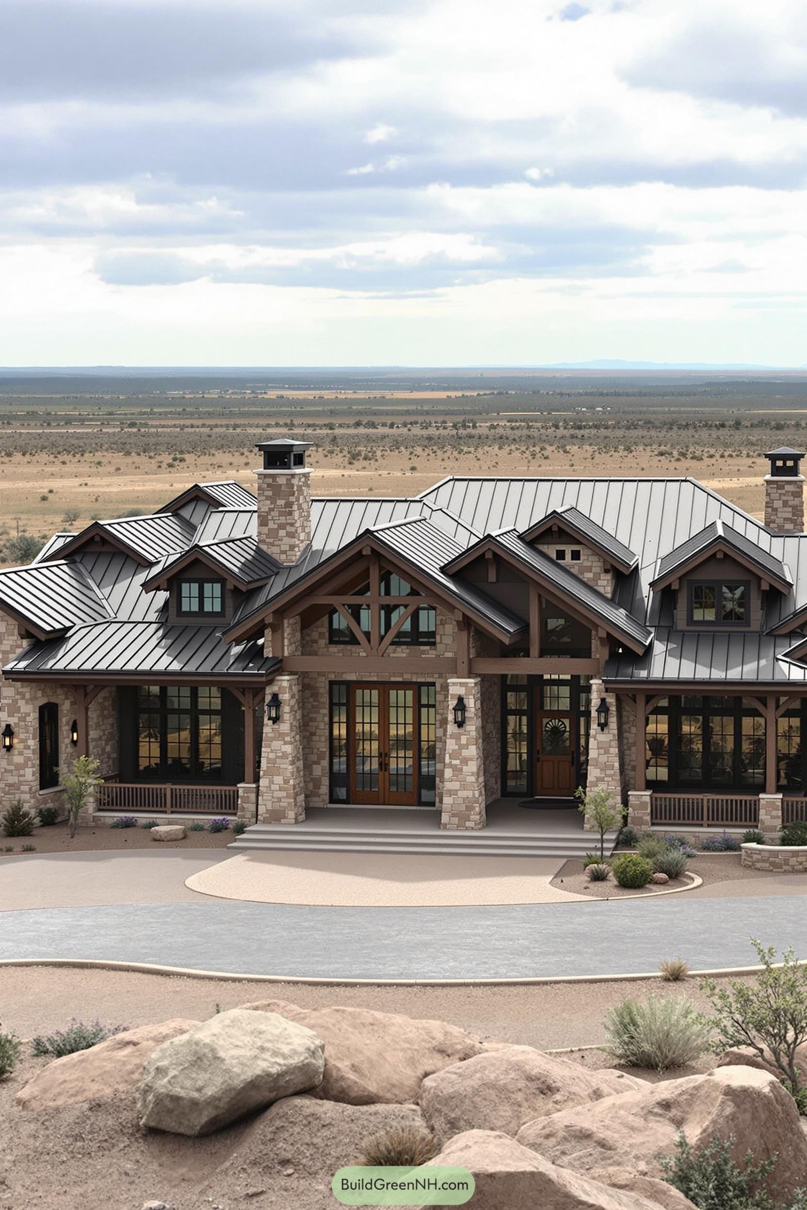 Luxurious ranch house with stone exterior and expansive view