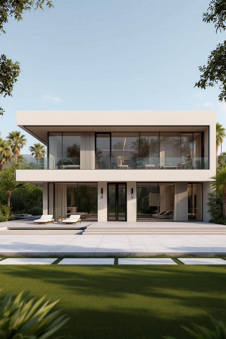Modern villa with clean lines and glass windows amidst greenery