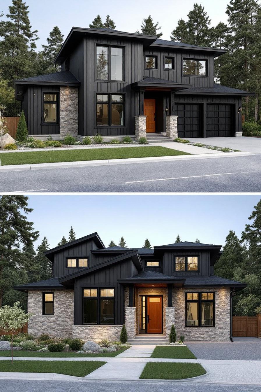 Modern dormer bungalow with mixed materials and lush surroundings