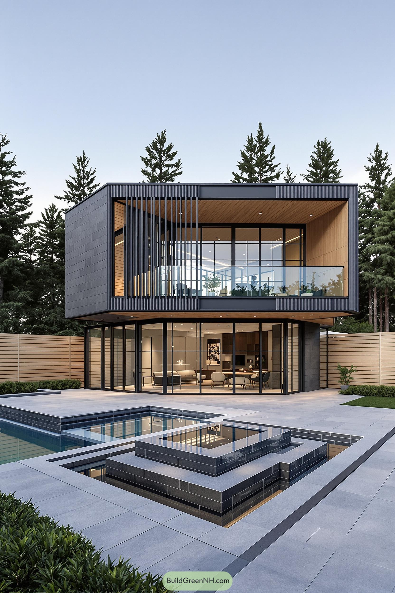 Sophisticated modern house with glass panels and a sleek pool