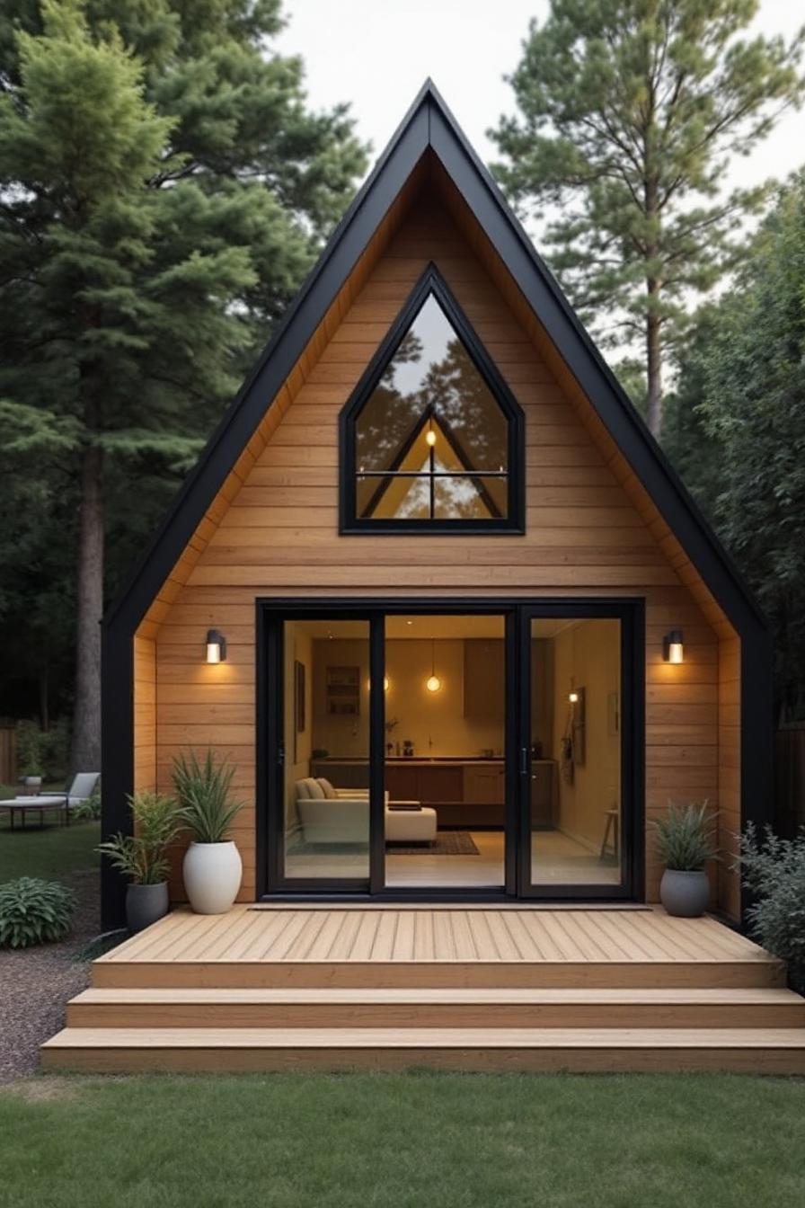 Charming triangular wooden house surrounded by trees